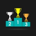 Gold, Silver and Bronze Trophy Cup on prize podium. First place award. Champions or winners Infographic elements. Vector illustrat Royalty Free Stock Photo